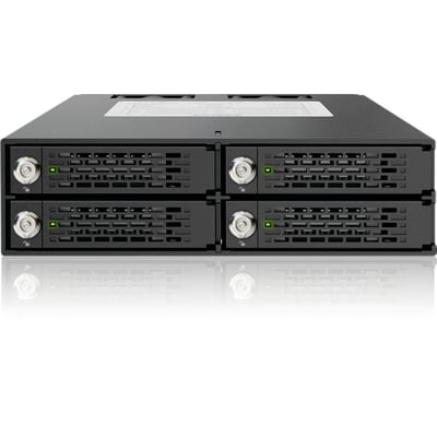 Sort ICY DOCK ToughArmor MB994SK-1B internt kabinet til fire 2,5-tommers SSD- eller SATA-harddiske, set forfra.