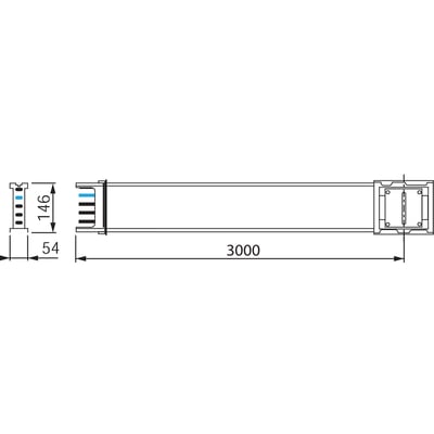 Teknisk tegning af Schneider Electric Canalis KS skinneelement 400A, 3 meter langt med dimensioner på 54x146mm og 5-polet konfiguration.