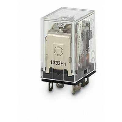 Omron LY2I4N 24DC 8-polet relæ med DPDT, 10A, transparent plasthætte og synlige interne komponenter.