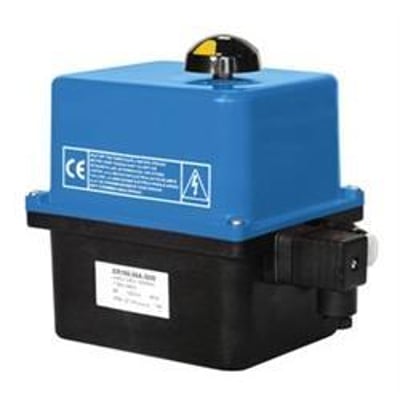 Socla el-aktuator ER35.50A.G00 i blå og sort plast med 11 mm spindel og CE-mærkning.