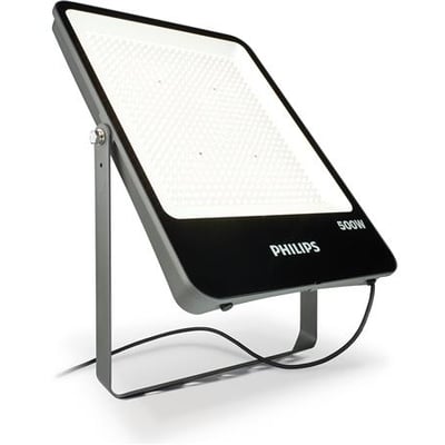 Philips Ledinaire BVP166 LED-projektør på monteringsbøjle, set skråt forfra med kabel og lysflade.