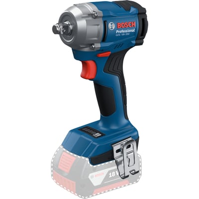 Bosch GDS 18V-350 slagnøgle set skråt forfra med markering af batteriets placering.