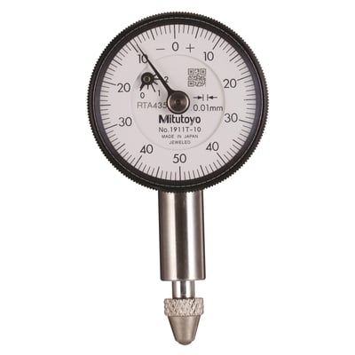 Mitutoyo 1911AB-10 måleur med en diameter på 31 mm, viser en metrisk skala op til 50 og præcision på 0,01 mm.