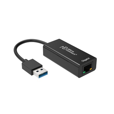 MicroConnect USB 3.0 til Gigabit Ethernet-adapter i sort med kort kabel, USB-A-stik og RJ45-netværksport.
