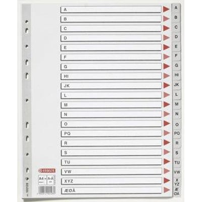 Esselte A4 plastregister i grå med kartonforblad og faner A-Å (DK) med 11 universalhuller og plastforstærket hulstribe.