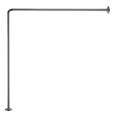 Hefe modulær badeforhængsstang i rustfrit stål med blank krom finish, monteret med beslag på hvid baggrund.
