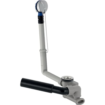 Geberit afløbsgarniture til badekar med forkromet prop og overløb, fremstillet af slidstærkt plastikmateriale og metal.