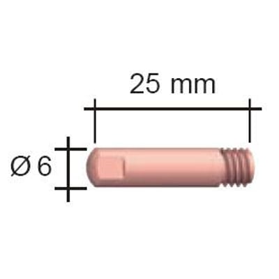 Teknisk tegning af Abicor Binzel kontaktdyse med angivelse af mål: 25 mm længde og 6 mm ydre diameter.