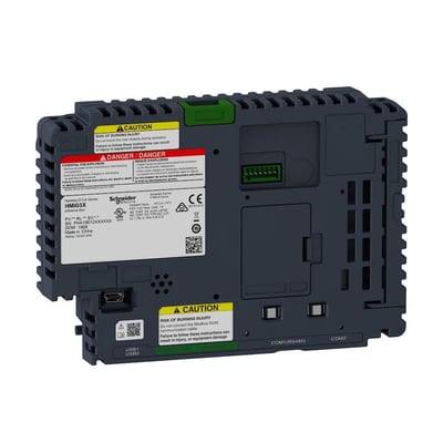 Bagside af Schneider Electric HMIG3X HMI-boks med detaljerede mærkater, USB-porte og netværksforbindelser.