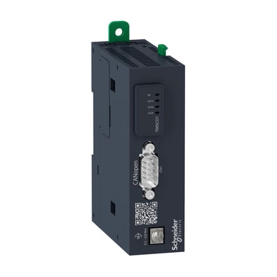 Schneider Electric TMSCO1 smart modul med CANopen port, vist fra siden med tydelige indikatorlys og SubD9 stik.