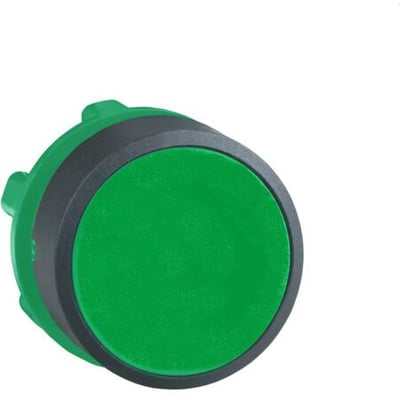 Schneider trykknaphoved, grøn, Ø22 mm, set fra en let skrå vinkel, der fremhæver den grønne trykknap.