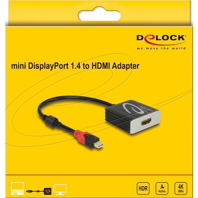 DeLock aktiv mini DisplayPort 1.4 til HDMI-adapter med kabel vist på gul emballage; understøtter 4K ved 60 Hz og HDR.