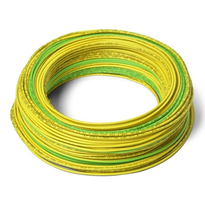 Rundt bundt af gul og grøn installationsledning H07V-U, 1x1,5 mm², vist fra oven på hvid baggrund.