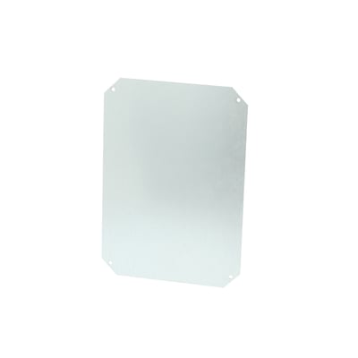 Fibox NEO MPS3232 montageplade i metal, 320 x 320 mm, set skråt med afskårne hjørner og monteringshuller.
