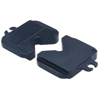 To mørkeblå Klauke klippeindsatser til M10 gevindstænger, der ligger ved siden af hinanden.