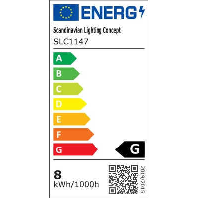 Energimærke for SLC One 360° downlight, der viser energiklasse F, 8 kWh/1000h, og EU-logo med teksten Scandinavian Lighting Concept SLC1147.