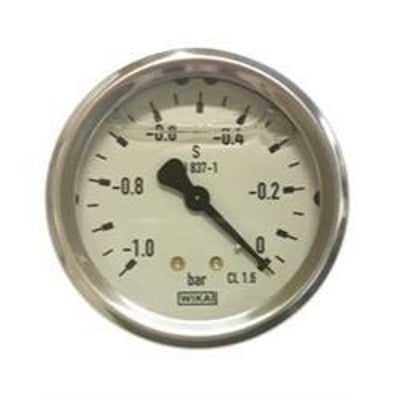 Wika vakuummeter Ø63mm med glycerinfyldning, der måler -1,0 til 0 bar, med 1/4" RG bagudtilslutning.