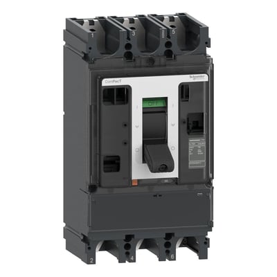 Schneider Electric ComPacT NSX630NA DC lastadskiller, 3-polet med mærkestrøm 630A ved 750VDC, vist med håndtaget i 'OFF' position.