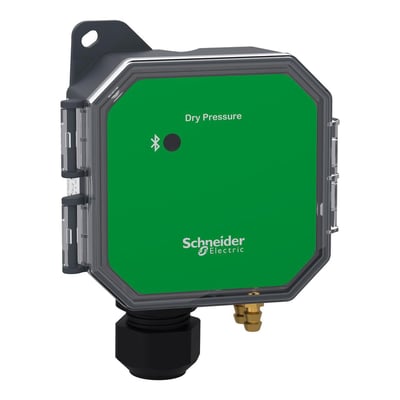 Schneider Electric SpaceLogic tryksensor med grønt frontpanel, der viser 'Dry Pressure' og Bluetooth-symbol, klar til vægmontering.