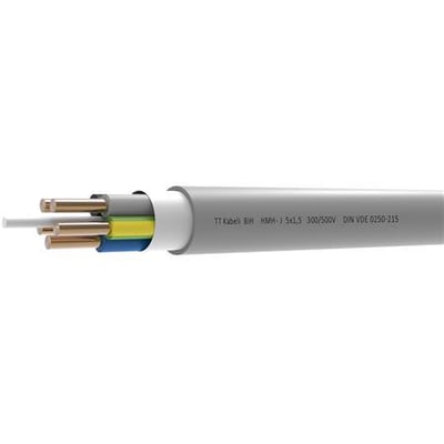 Halogenfrit installationskabel 5G1,5 mm² HMH-J Dca lysegrå 300/500V, vist med afskåret ende der afslører kobberledere og farvekodede isoleringslag.