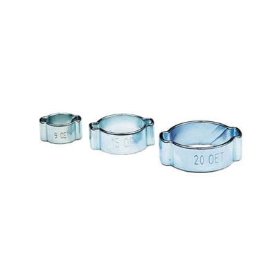 Tre Oetiker slangeklemmer i galvaniseret stål på hvid baggrund, angivet størrelser 9, 15 og 20 mm.