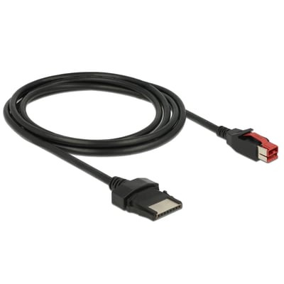 Sort DeLock PoweredUSB-kabel på 2 meter med 24 V-hanstik og 8-pin-hanstik, vist oprullet med begge stik synlige.