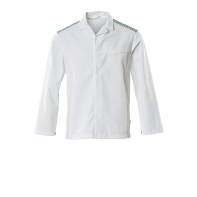 Mascot Food&Care jakke 20254 i hvid med grønne detaljer på skuldrene, str. XS, vist forfra med skjult knaplukning og krave.
