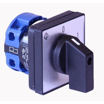 Kraus & Naimer CA10 A201-600 E afbryder, 2-polet, 20A, 4 huls frontmontage, vist med 0-1 markeringer og blå terminaler.