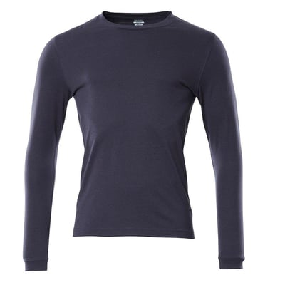 Mascot langærmet T-shirt i marineblå bomuld med rund hals og ribkant, vist isoleret på hvid baggrund.
