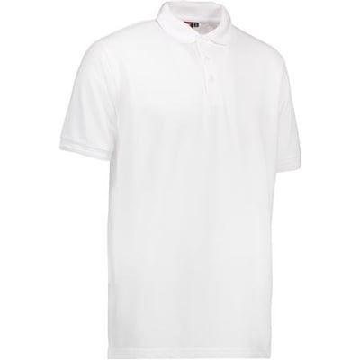 ID Identity klassisk hvid poloshirt i størrelse M, uden brystlomme, vist frem på hvid baggrund.