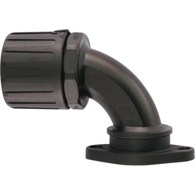 HellermannTyton forskruning PA66, sort, 90 graders vinkel med flange, IP66 og halogenfri. Passer til Ø16 mm rør.