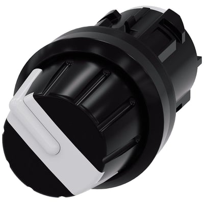 Siemens 22mm rundt omskifter i hvid plast med drejeknap og 4 positioner, isoleret på hvid baggrund.