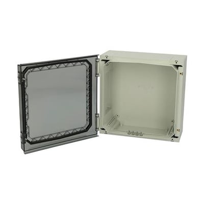 Fibox NEO PC 323215 T kasse med åbent transparent dæksel, viser 320x320x150 mm polycarbonat kabinet med monteringsdetaljer.