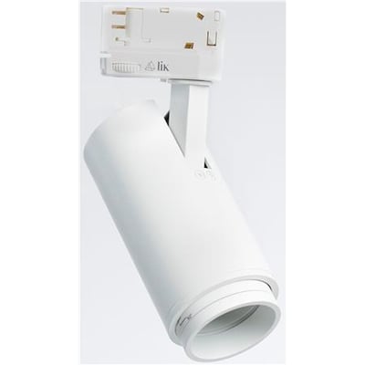 Hvid Zoom LED-skinnespot GA69 på 14 W, vist skråt med cylindrisk spotdel og rund lysåbning.