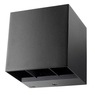 Sort SG Armaturen Artes Mini LED væglampe med justerbart lys, vist fra siden og nedad med synlig indvendig konstruktion.