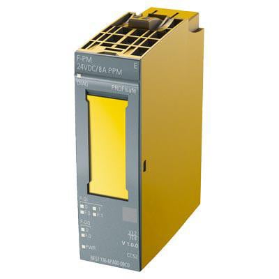 Siemens SIPLUS ET 200SP F-PM-E strømforsyningsmodul med 24V DC/8A og konform belægning på gul plastisk hus.