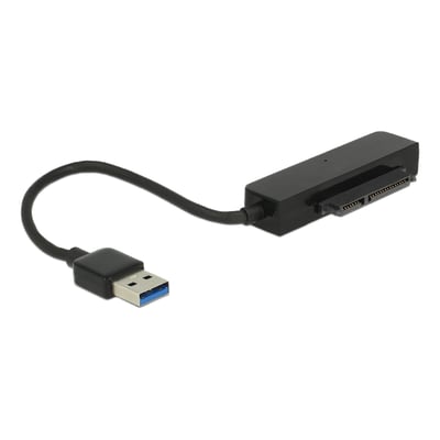 Sort DeLock-konverter med USB 3.0 Type-A-stik, kabel og 22-polet SATA-tilslutning til 2,5-tommers drev.