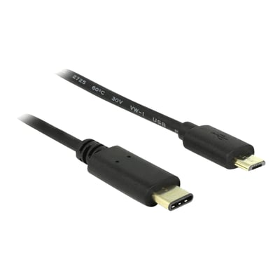 Sort 2 meter Delock USB-C til USB Micro-B 2.0 kabel med guldbelagte stik og mærkning på kablet.