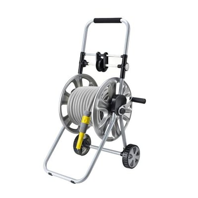 Ironside slangevogn i metal med 20 meter grå slange, vist skråt forfra med håndtag og hjul.