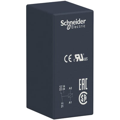 Nærbillede af Schneider Electric stikbensrelæet, der viser mærkat med diagram og godkendelsesmærkninger.