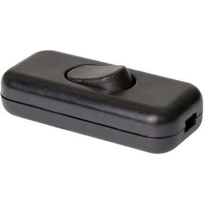 Sort gennemgangsafbryder af termoplast til ledning, 4A 250V, med skrueklemmer og vippekontakt på en hvid baggrund.