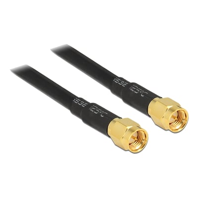 Delock LMR195-antennekabel på 10 meter med sort kabel og to gyldne SMA-hanstik, vist fra begge ender.