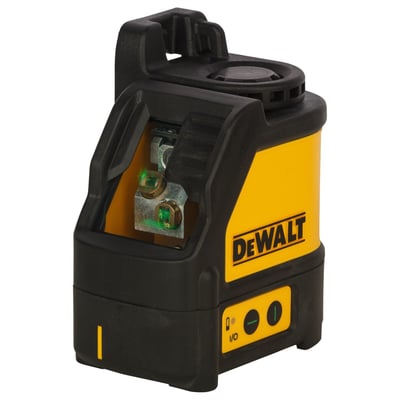 DeWalt krydslinjelaser DW088CG-XJ med grøn laserstråle og sort robust hus på hvid baggrund.