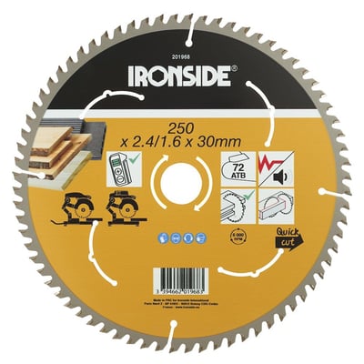 Ironside rundsavklinge til træ med 250 mm diameter, 30 mm hul og 72 tænder, vist forfra med sort og gul overflade.