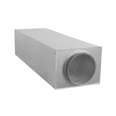 Lindab LRCB-lyddæmper med rektangulært kabinet og rund ventilationsstuds, set skråt forfra.