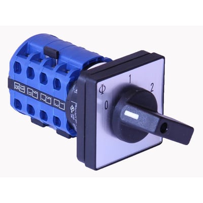Kraus & Naimer Dahlanderomskifter 20A med 0-1-2 funktion og 60 graders drejevinkel, frontmonteret 48x48 mm med blå kontakter og nummererede terminaler.