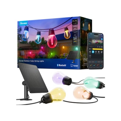 Govee Outdoor Solar String Lights er en 10 meter lang solcellelyskæde med farvede pærer, solpanel og appstyring.