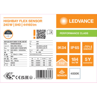 Tekstgrafik med specifikationer for Ledvance Flex Linear Sensor high-bay-armatur, herunder 240 W og 44.160 lm.