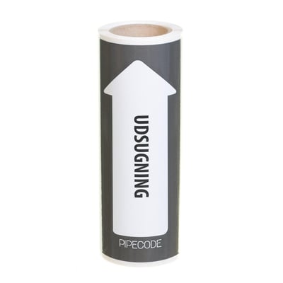 Pipecode rørmærke til udsugning, 80mm bredt og 5m langt, med hvid pil og tekst 'Udsugning' på grå baggrund.