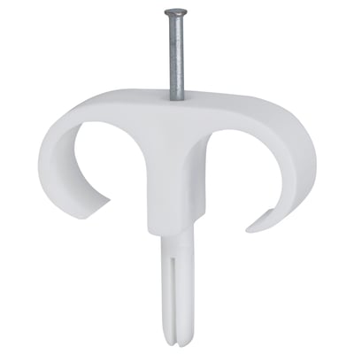 Enkel hvid Tillex Plugs Clips PC-D med elforzinket stålsøm monteret, viser design til 18-22 mm runde ledninger.